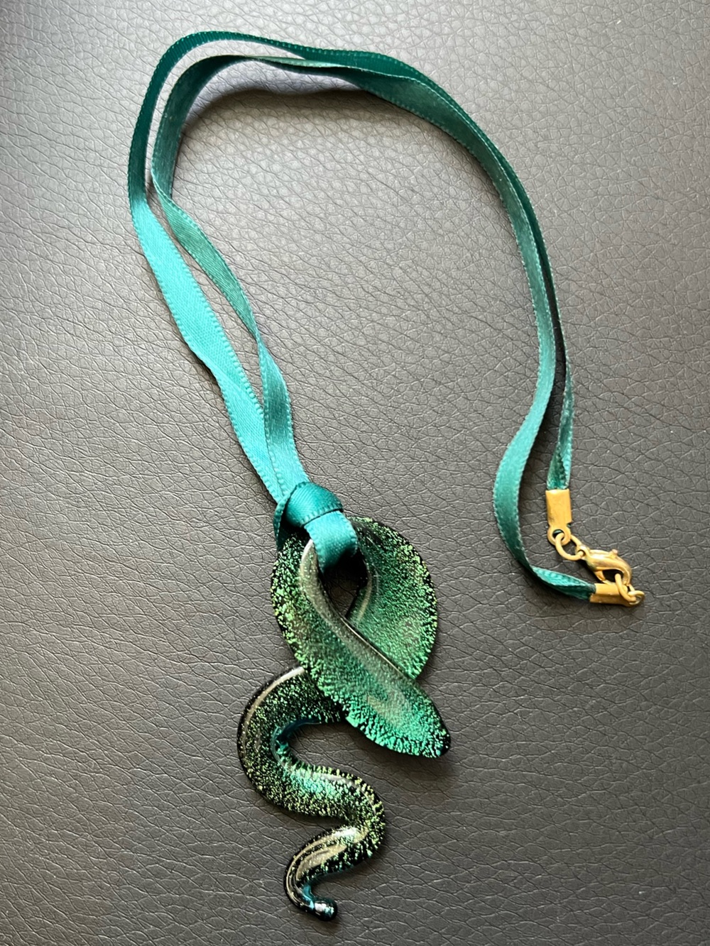 Green Metallic Snake Pendant Necklace with Teal Ribbon